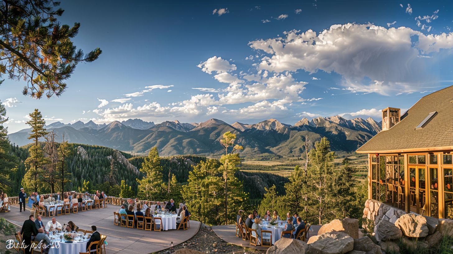 A wide-angle landscape photo of an outdoor wedding venue with a view of the Rocky Mountains. A wide-angle landscape photo of an outdoor wedding venue with a view of the Rocky Mountains.
