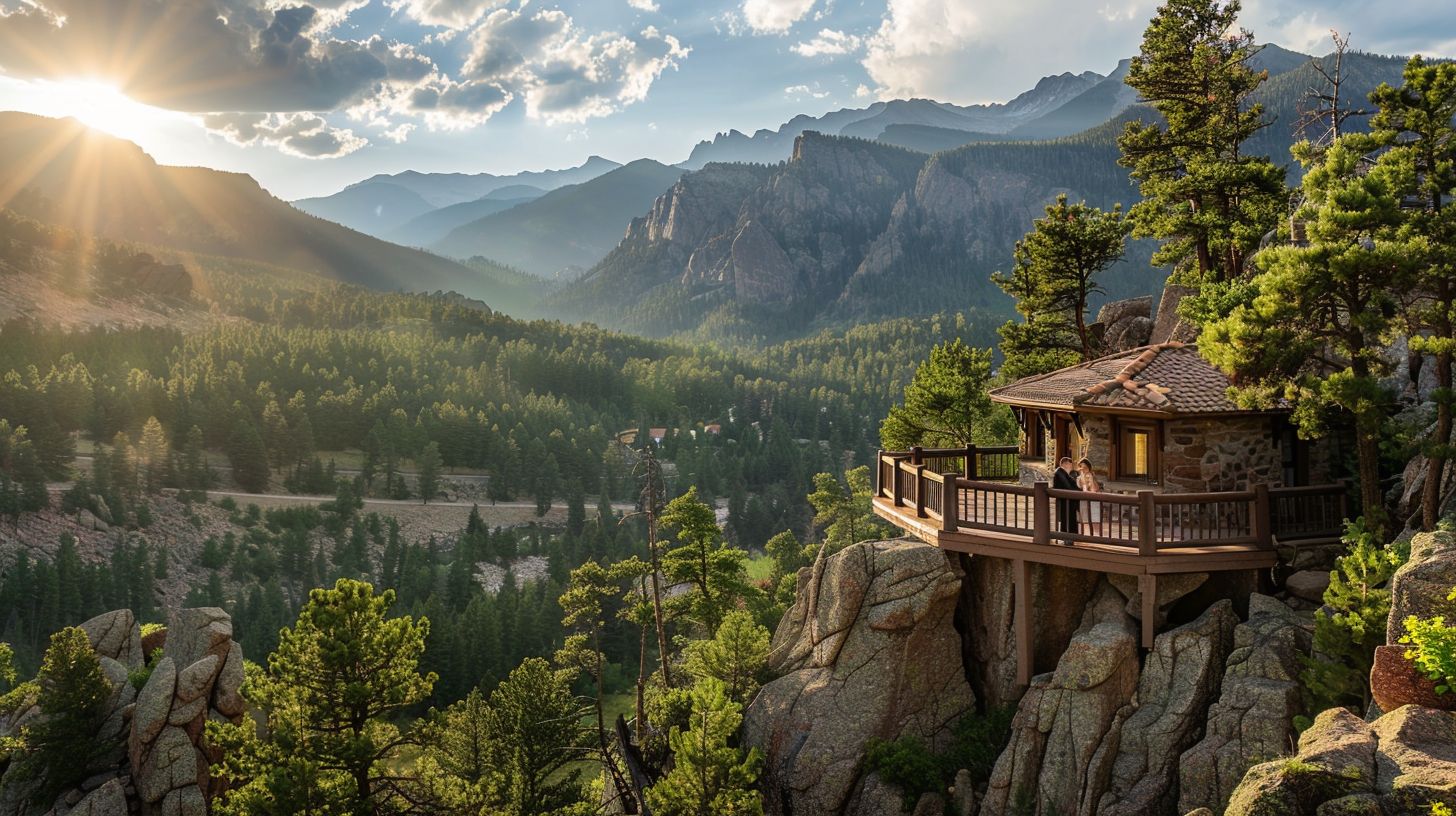 A couple stands on a balcony at Della Terra Mountain Chateau with Rocky Mountain National Park in the background. A couple stands on a balcony at Della Terra Mountain Chateau with Rocky Mountain National Park in the background.