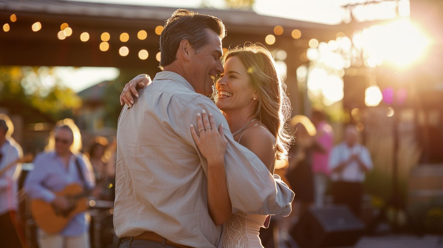 A joyful couple dancing to a live band at Oaks at Plum Creek. A joyful couple dancing to a live band at Oaks at Plum Creek.