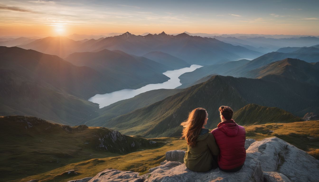 A man and woman embrace on a mountain overlook at sunrise in a bustling atmosphere. A man and woman embrace on a mountain overlook at sunrise in a bustling atmosphere.