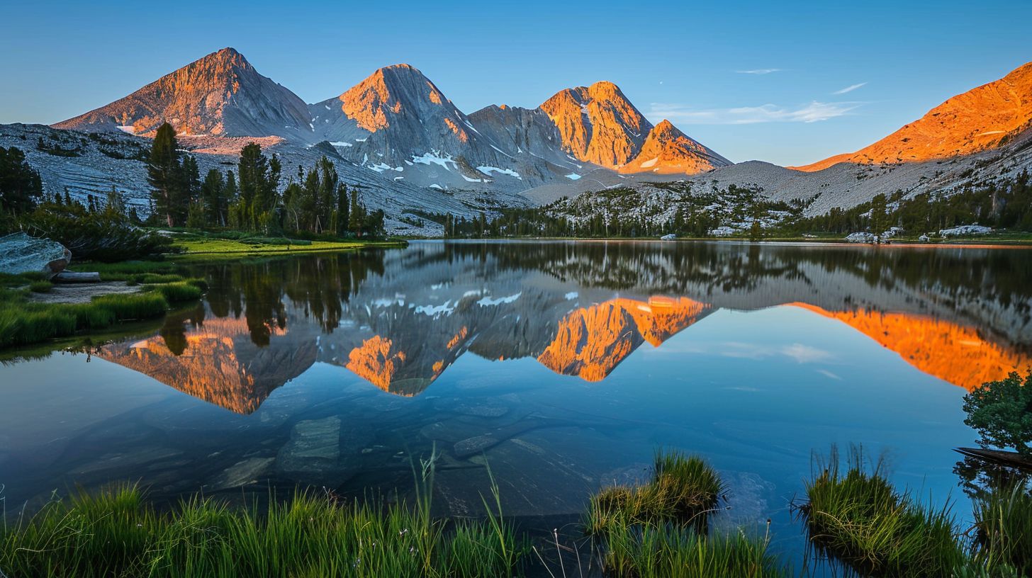 A wide-angle lens captures a stunning mountain landscape at sunrise. A wide-angle lens captures a stunning mountain landscape at sunrise.