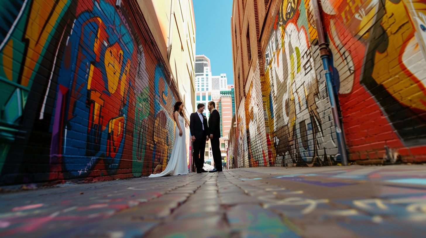A bride and groom standing in a vibrant urban alleyway with a non-traditional wedding vibe. A bride and groom standing in a vibrant urban alleyway with a non-traditional wedding vibe.