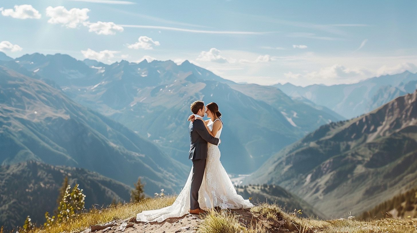 A newlywed couple embracing in front of a scenic mountain backdrop. A newlywed couple embracing in front of a scenic mountain backdrop.