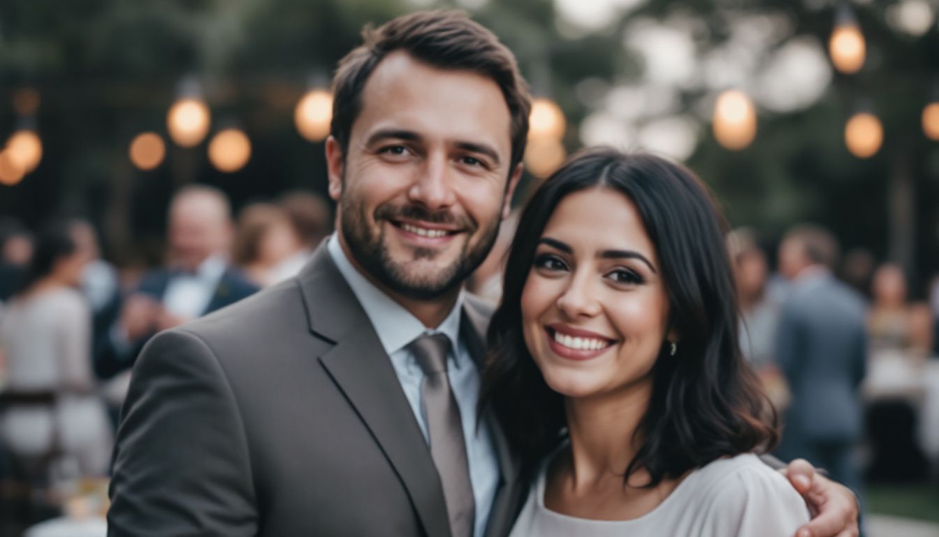 A newlywed couple shares a warm embrace at their outdoor wedding reception. A newlywed couple shares a warm embrace at their outdoor wedding reception.
