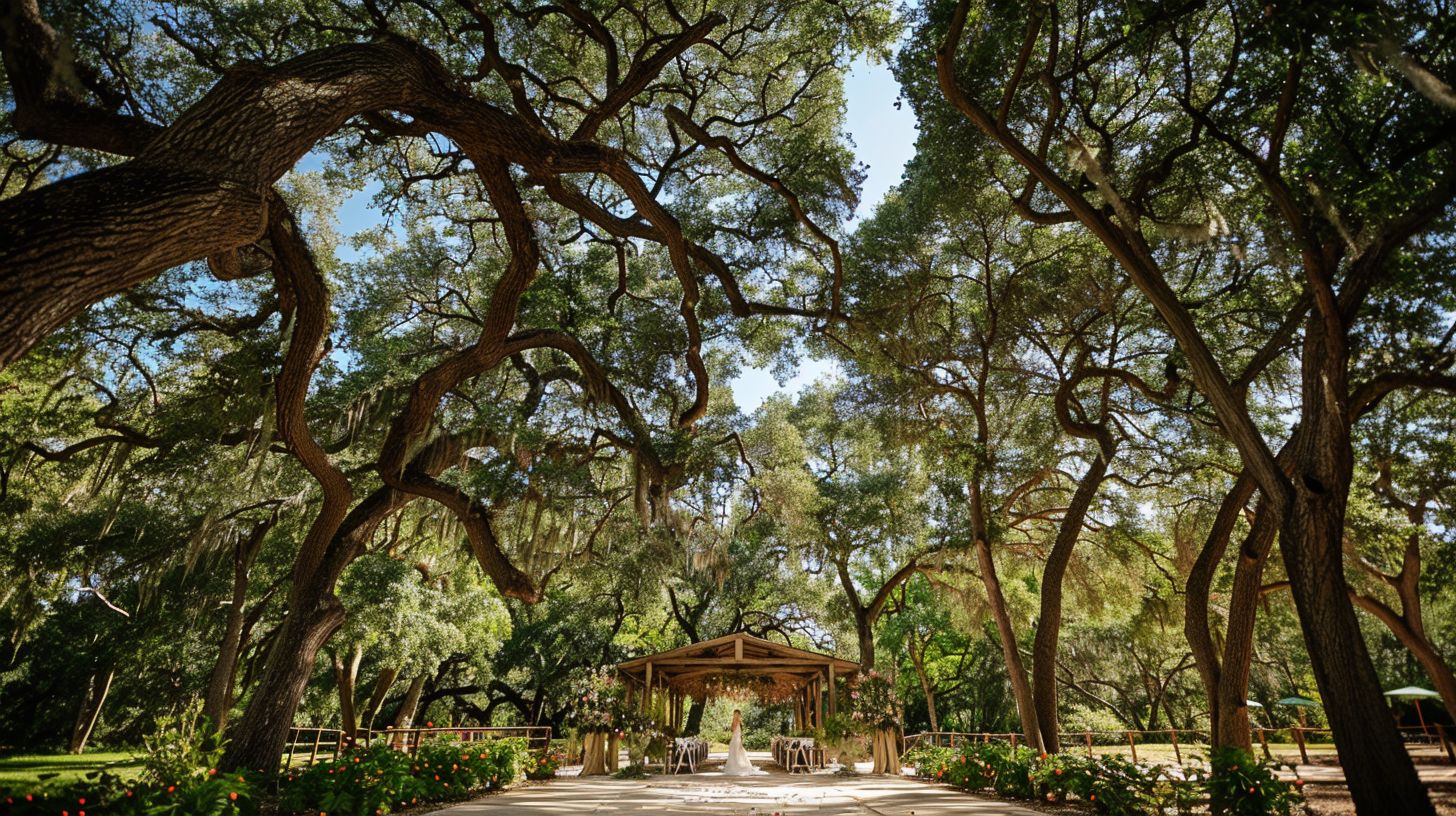 An outdoor wedding venue surrounded by lush oak trees, captured with a wide-angle lens. An outdoor wedding venue surrounded by lush oak trees, captured with a wide-angle lens.