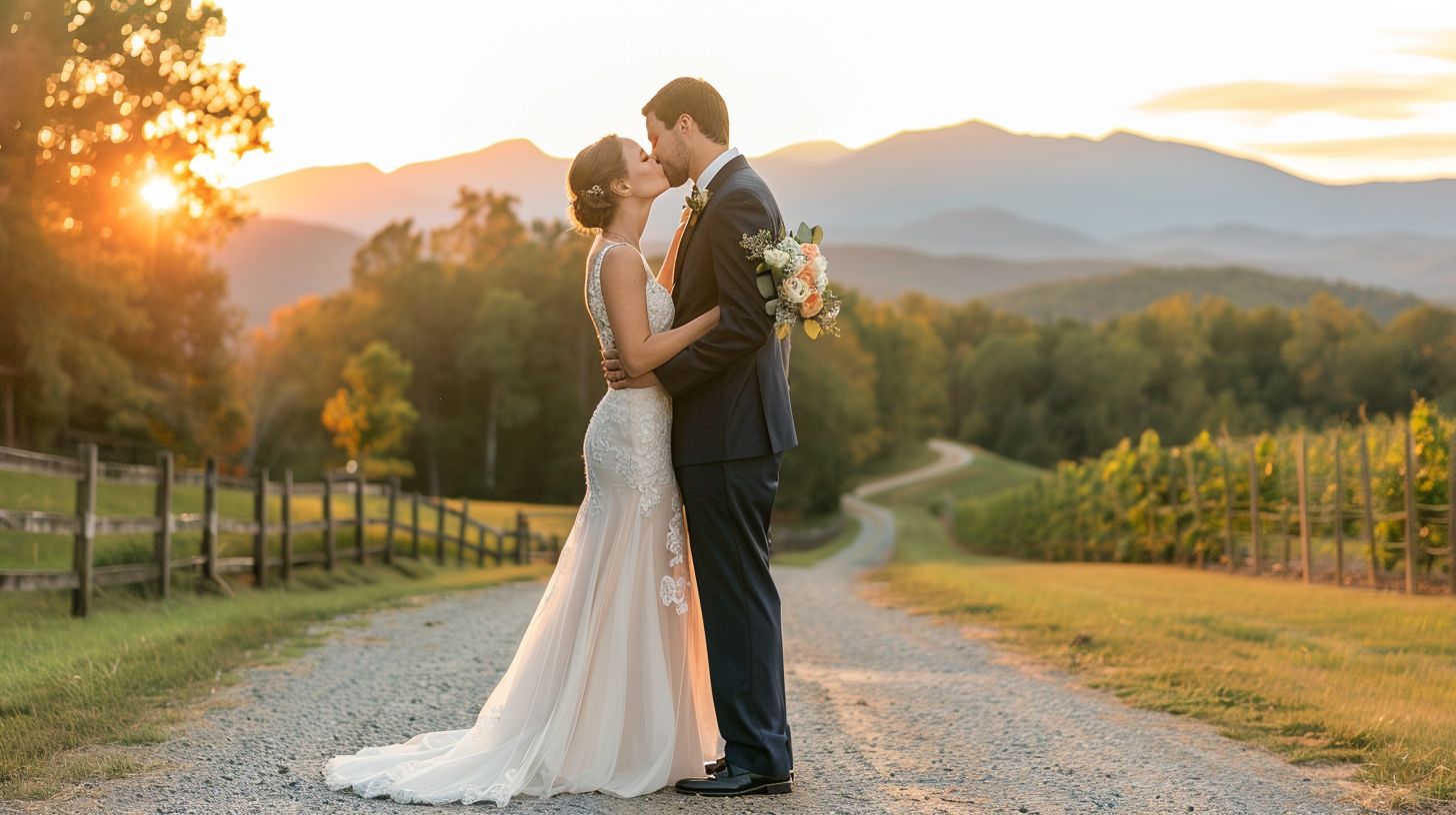 A newlywed couple shares a romantic kiss at sunset with a mountain backdrop. A newlywed couple shares a romantic kiss at sunset with a mountain backdrop.