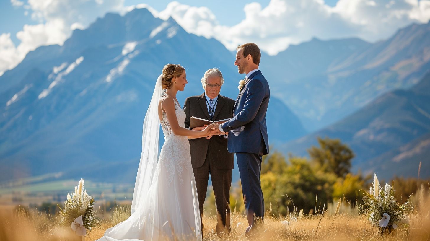 A bride and groom exchange vows with a mountain backdrop. A bride and groom exchange vows with a mountain backdrop.