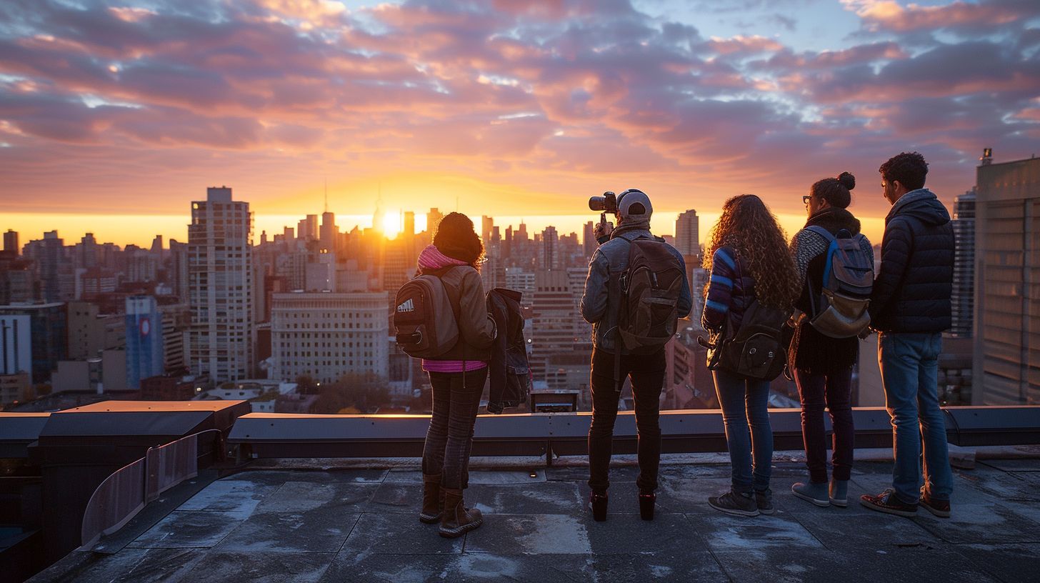 A group of friends stands in a circle on a rooftop, capturing an expansive city view. A group of friends stands in a circle on a rooftop, capturing an expansive city view.