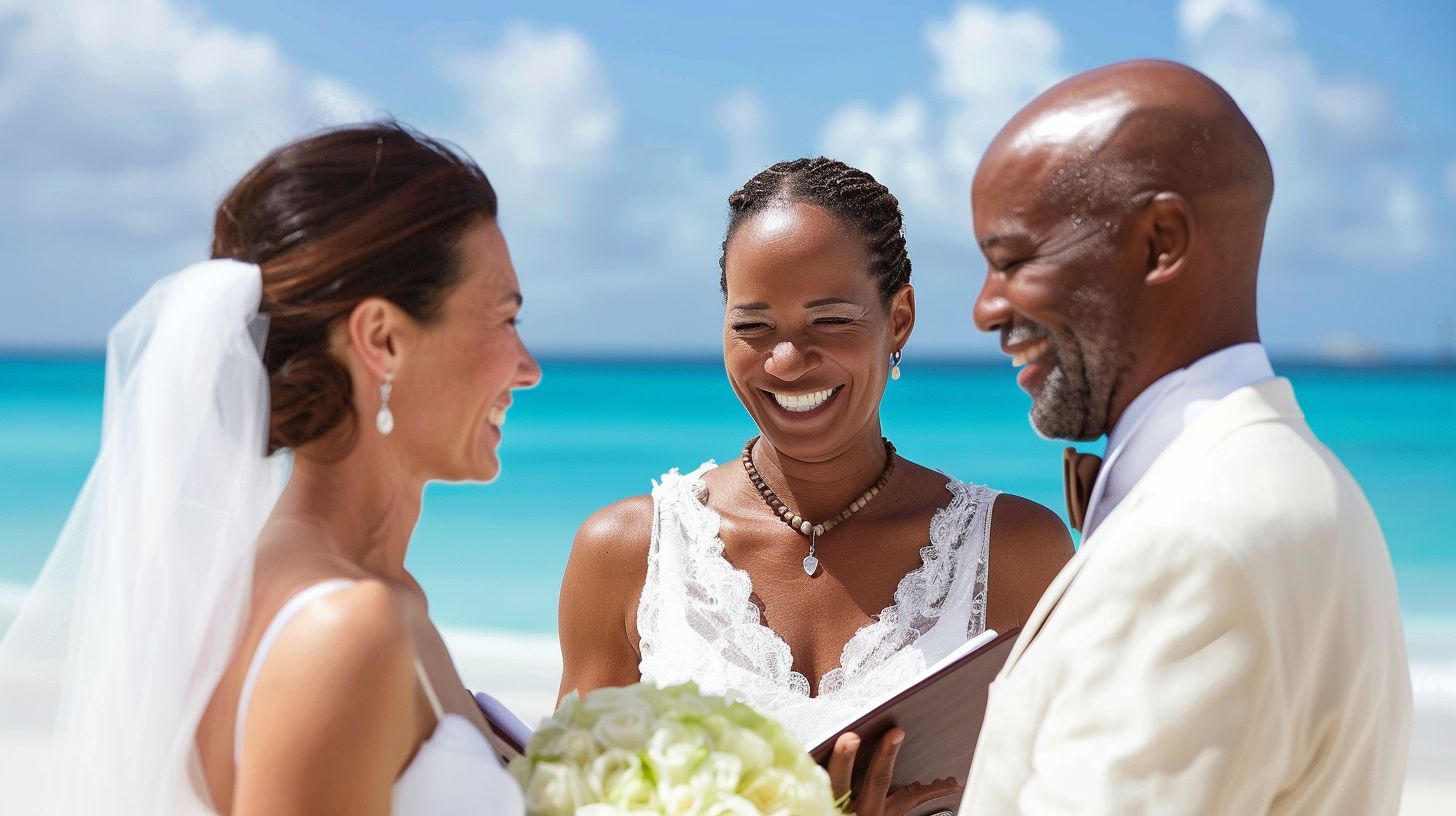 A joyful couple getting married on a beautiful sandy beach. A joyful couple getting married on a beautiful sandy beach.