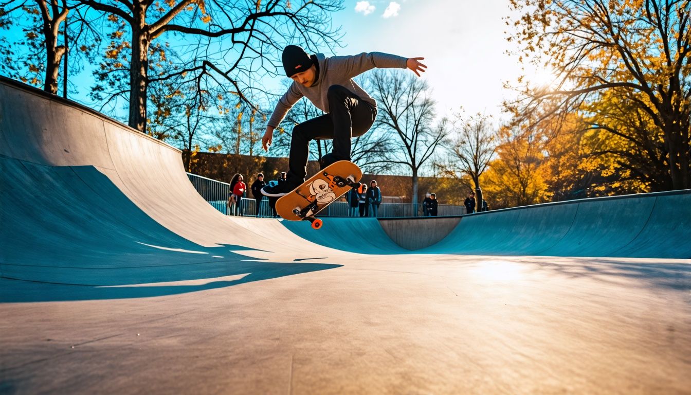 A skateboarder performing a kickflip in a busy urban skate park, captured with quick action shot. A skateboarder performing a kickflip in a busy urban skate park, captured with quick action shot.