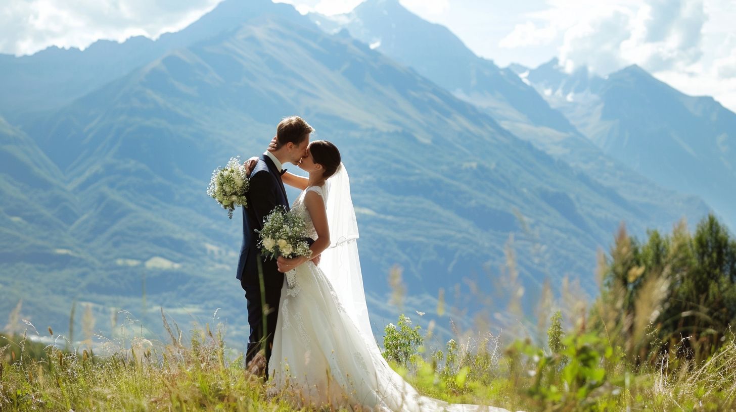 A bride and groom sharing a kiss with a mountain backdrop in a scenic landscape. A bride and groom sharing a kiss with a mountain backdrop in a scenic landscape.