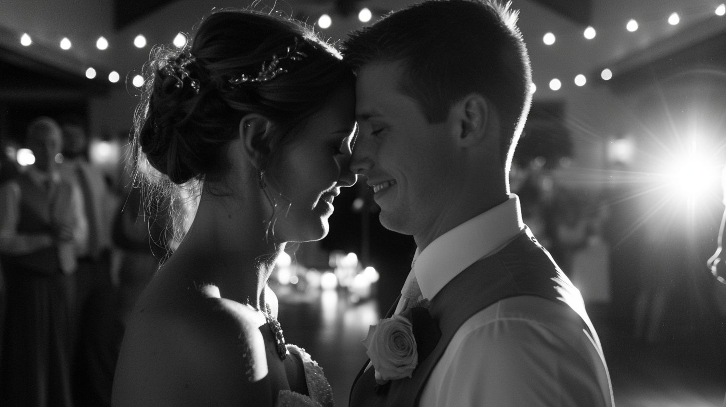 A newlywed couple shares an intimate embrace at their wedding reception. A newlywed couple shares an intimate embrace at their wedding reception.