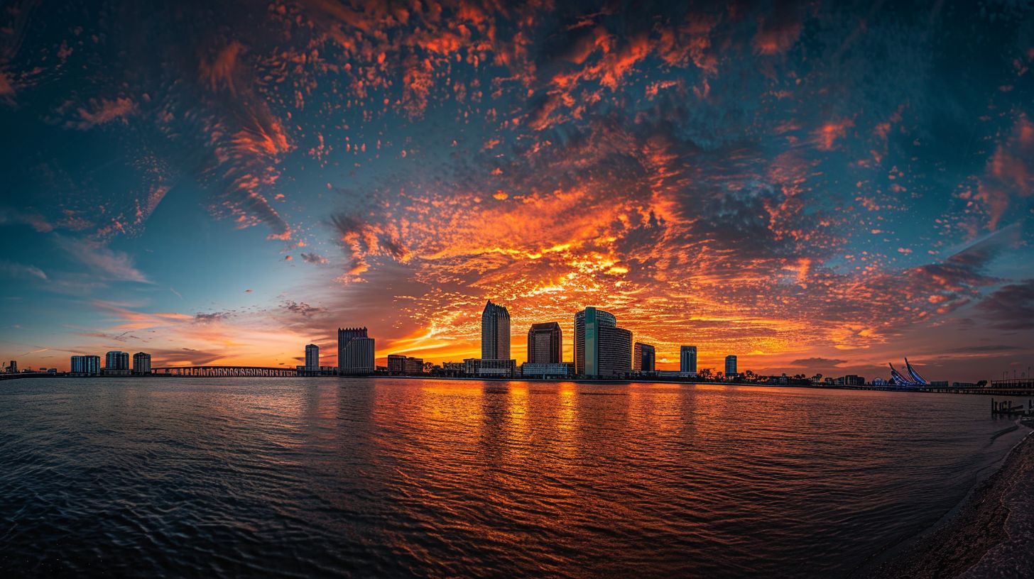 A wide-angle shot captures the expansive Tampa Bay skyline during golden hour. A wide-angle shot captures the expansive Tampa Bay skyline during golden hour.