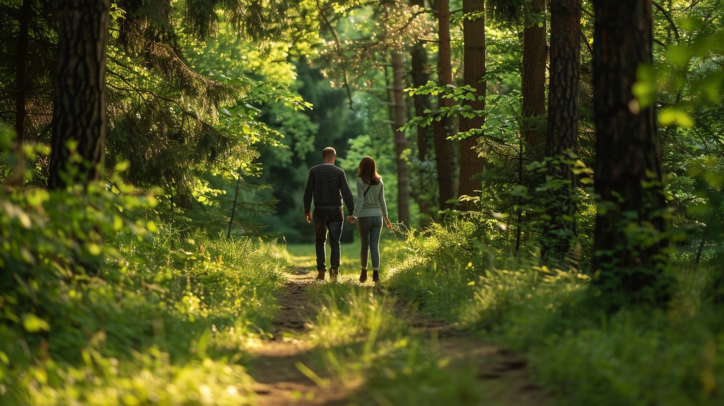 A couple walks hand-in-hand in a serene forest clearing captured in nature photography. A couple walks hand-in-hand in a serene forest clearing captured in nature photography.