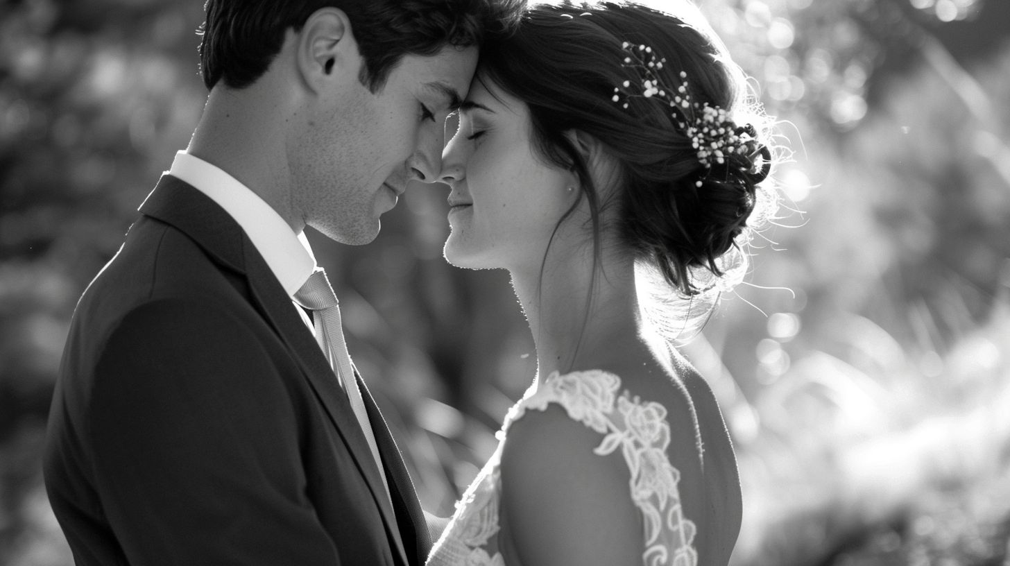 A bride and groom share an intimate moment in a natural outdoor setting. A bride and groom share an intimate moment in a natural outdoor setting.