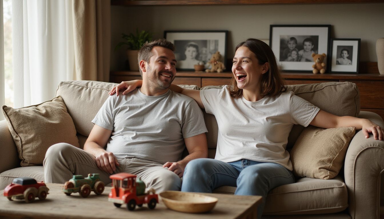 Two friends are enjoying a lively conversation on a cozy sofa, surrounded by nostalgic childhood memorabilia.