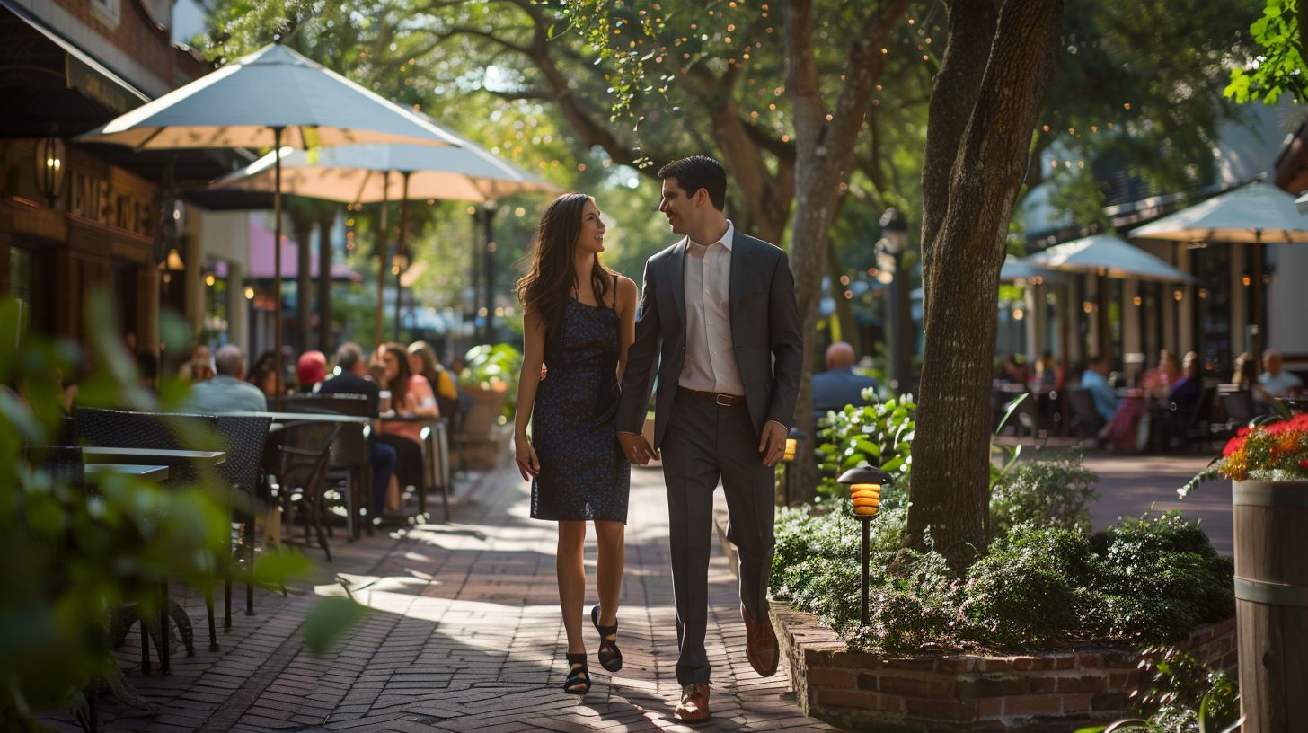 A couple strolling through Hyde Park Village captured with a wide-angle lens. A couple strolling through Hyde Park Village captured with a wide-angle lens.