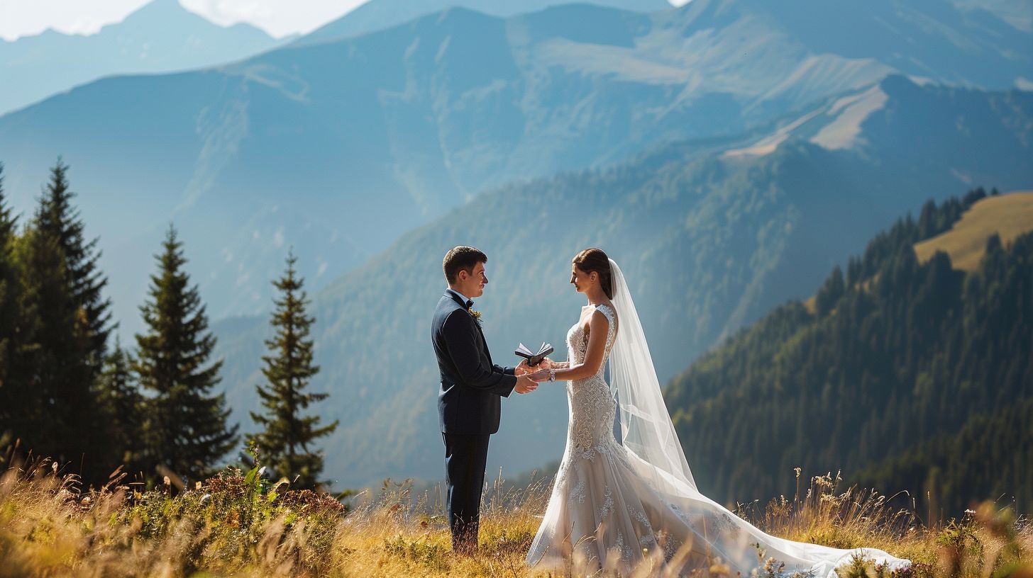 A bride and groom exchange vows with a mountain backdrop. A bride and groom exchange vows with a mountain backdrop.