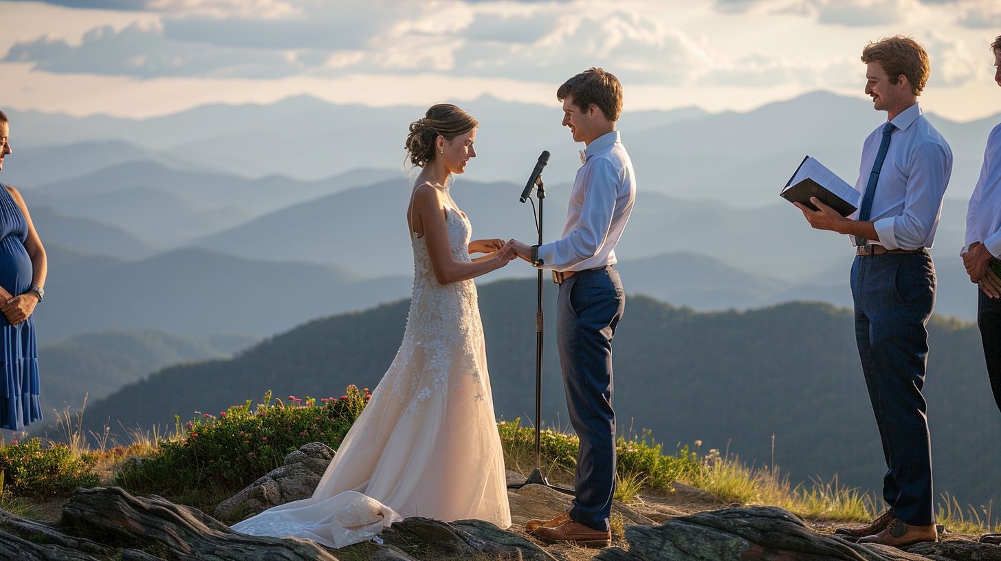 A bride and groom exchange vows on a scenic mountaintop during an outdoor wedding photography session. A bride and groom exchange vows on a scenic mountaintop during an outdoor wedding photography session.