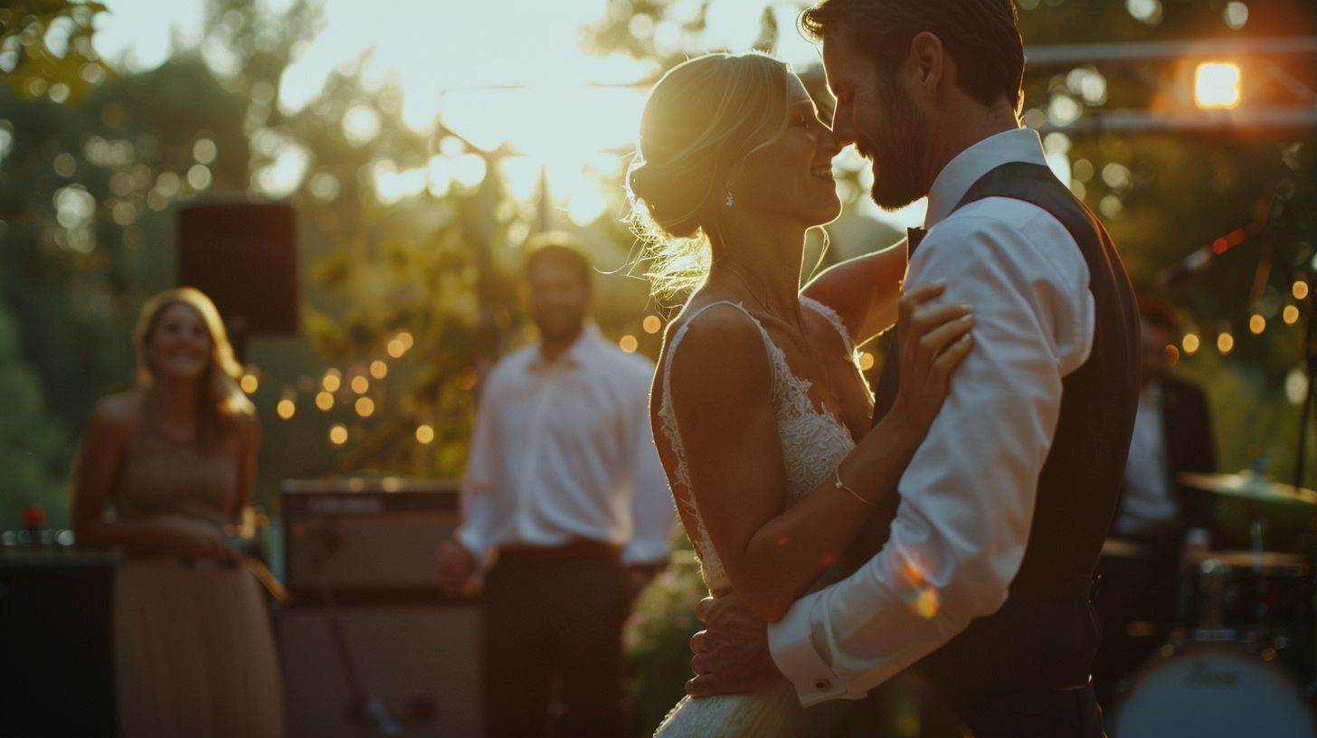 A bride and groom are dancing to live music at an outdoor wedding venue. A bride and groom are dancing to live music at an outdoor wedding venue.