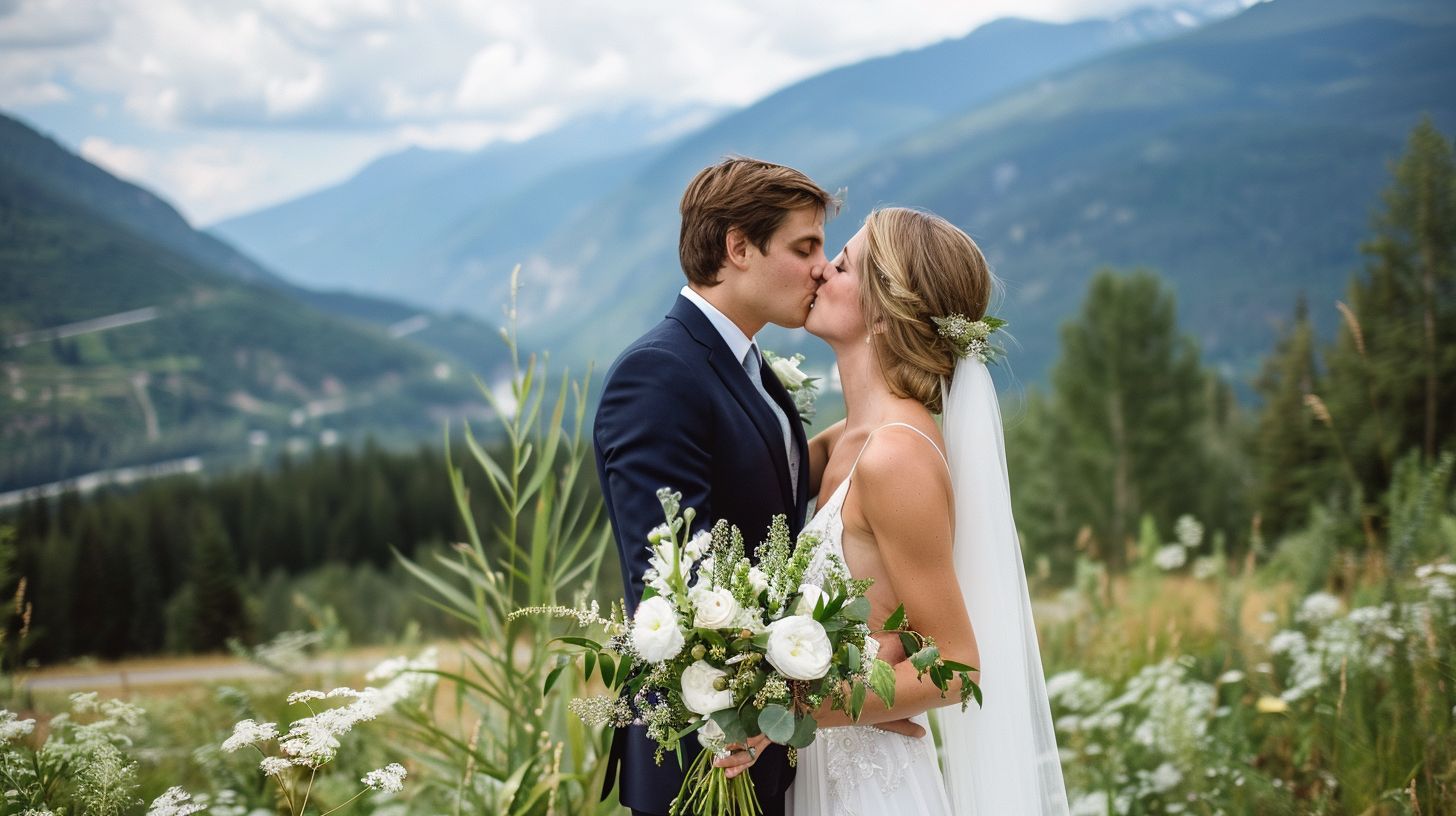 A bride and groom sharing a kiss with a mountain backdrop in a scenic landscape. A bride and groom sharing a kiss with a mountain backdrop in a scenic landscape.