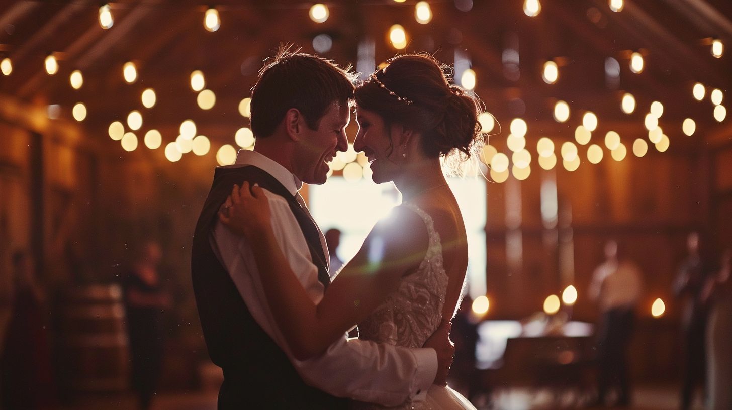 A newly married couple dancing in a rustic barn on their wedding day. A newly married couple dancing in a rustic barn on their wedding day.