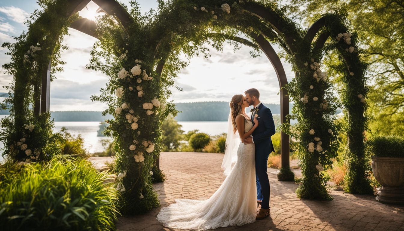 A bride and groom sharing a kiss under a beautiful arch at an enchanted lakeside wedding venue. A bride and groom sharing a kiss under a beautiful arch at an enchanted lakeside wedding venue.