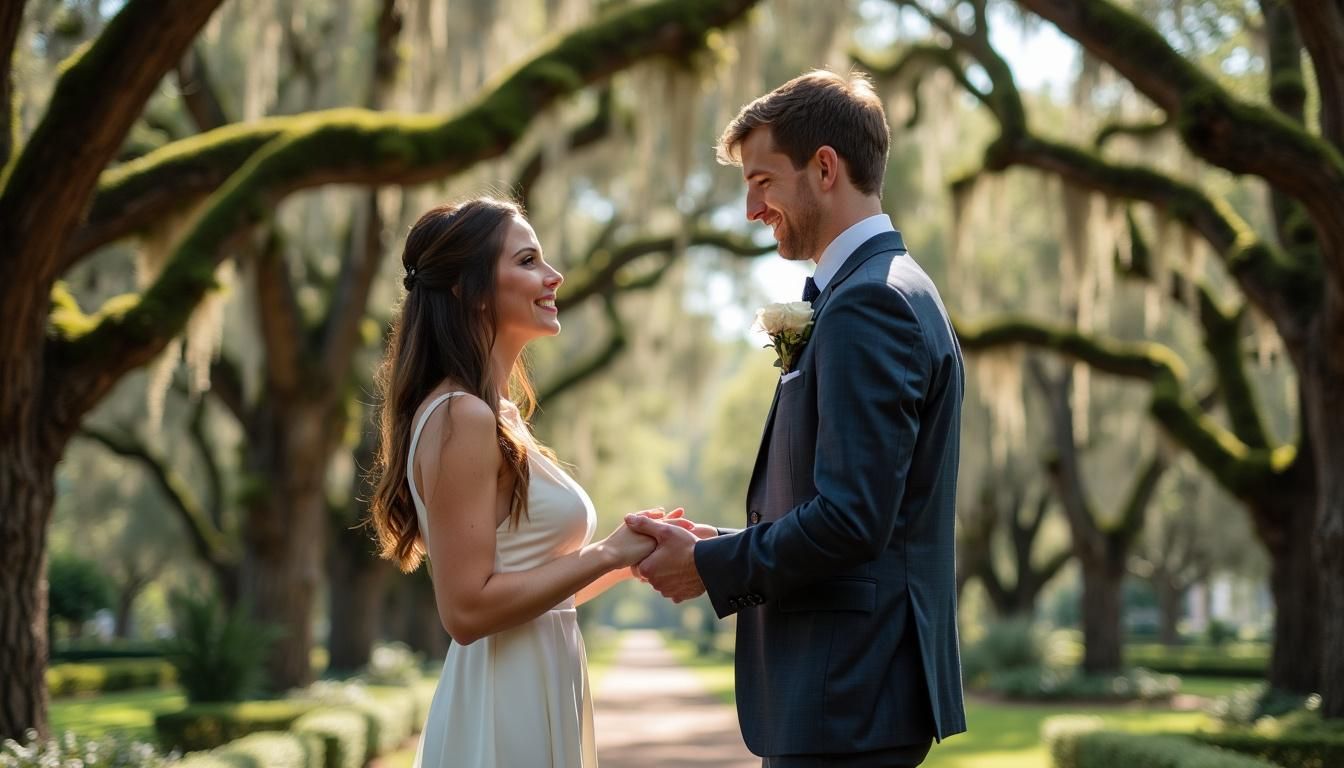 A couple exchanging vows in a forest wedding venue in Orlando. A couple exchanging vows in a forest wedding venue in Orlando.