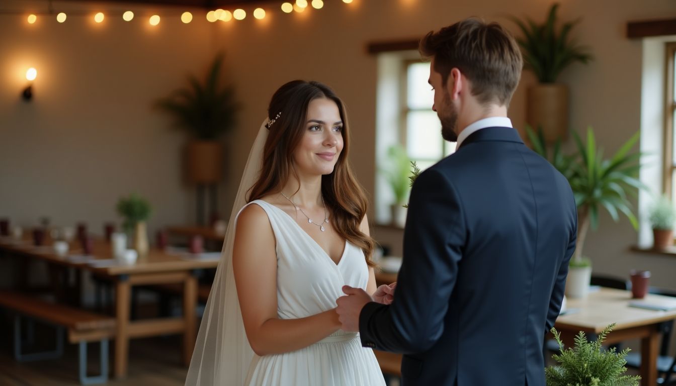 A young couple exchanging vows in a rustic wedding venue with fairy lights. A young couple exchanging vows in a rustic wedding venue with fairy lights.