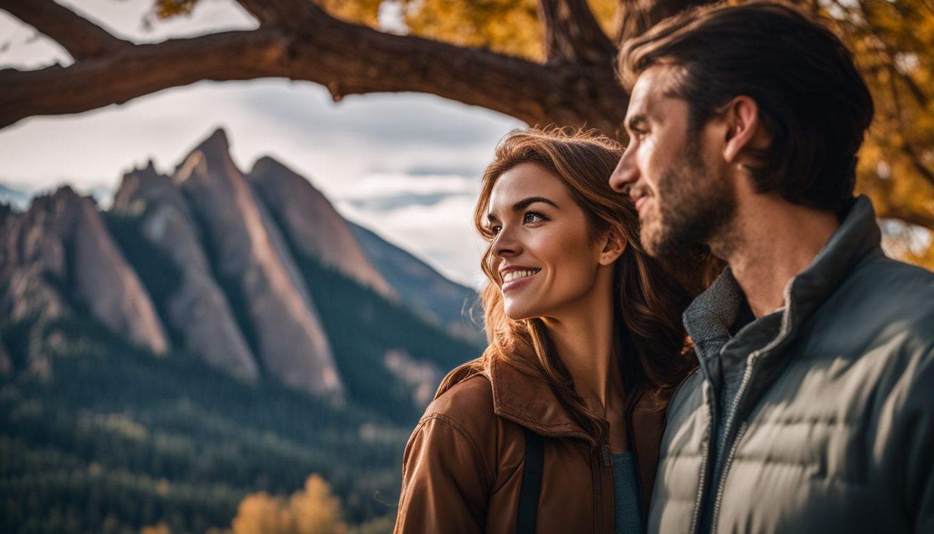 A couple embracing with the iconic Flatirons in the background captured in high-quality photography. A couple embracing with the iconic Flatirons in the background captured in high-quality photography.