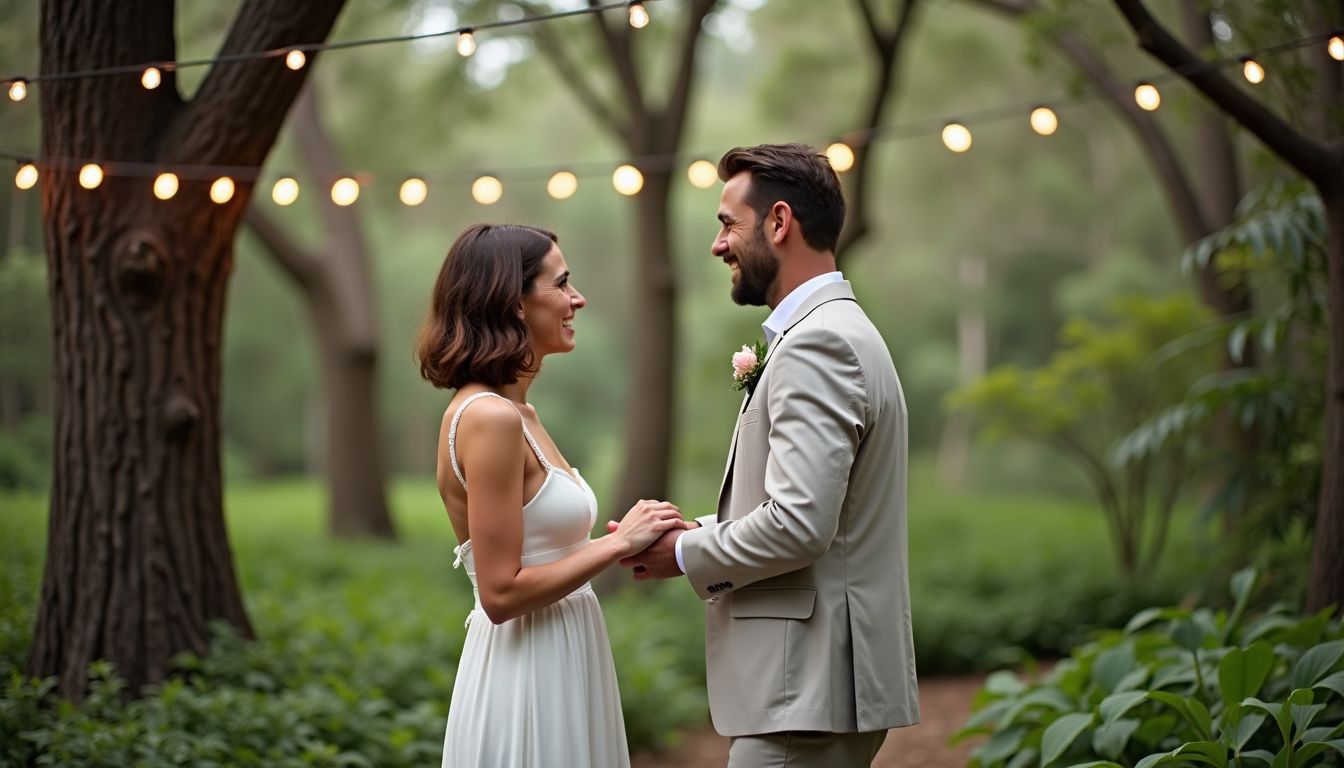 A mid-30s couple exchanging vows at a forest wedding venue. A mid-30s couple exchanging vows at a forest wedding venue.