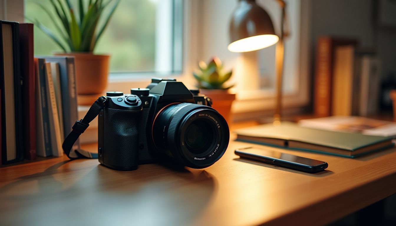 A modern camera on a wooden desk surrounded by photography books and decorative items. A modern camera on a wooden desk surrounded by photography books and decorative items.