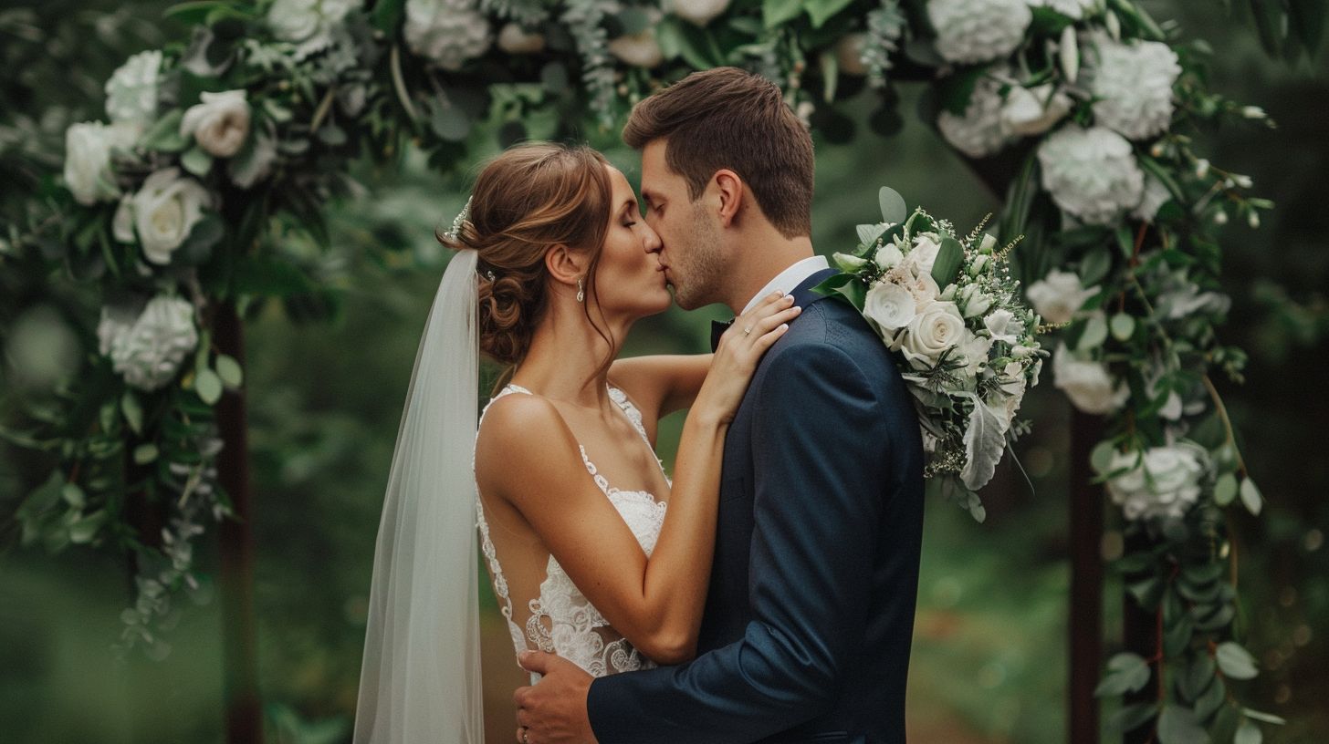 A bride and groom share a kiss under a floral arch at their wedding. A bride and groom share a kiss under a floral arch at their wedding.
