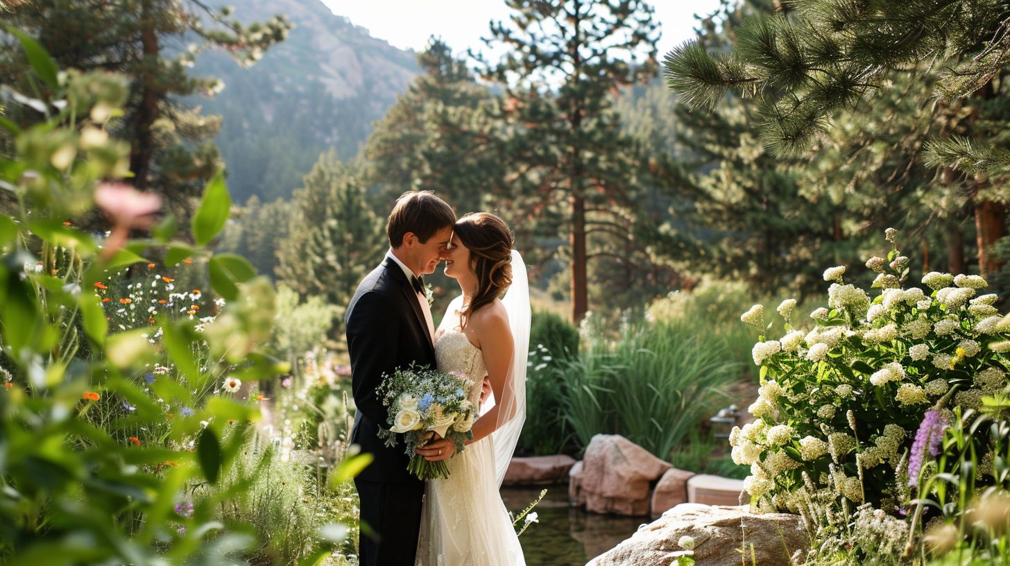 A newlywed couple shares an intimate moment in the picturesque gardens of Della Terra Mountain Chateau. A newlywed couple shares an intimate moment in the picturesque gardens of Della Terra Mountain Chateau.