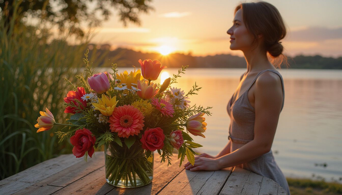 A vibrant bouquet of flowers rests on a wooden table near a tranquil pond, as a figure gazes thoughtfully at the horizon.