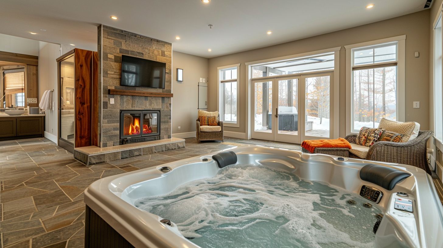 A luxurious suite with hot tub and fireplace, captured with a wide-angle lens. A luxurious suite with hot tub and fireplace, captured with a wide-angle lens.