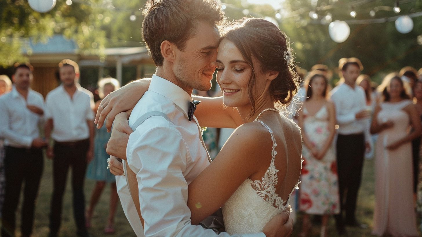 A newlywed couple embraces on an outdoor dance floor surrounded by wedding guests. A newlywed couple embraces on an outdoor dance floor surrounded by wedding guests.