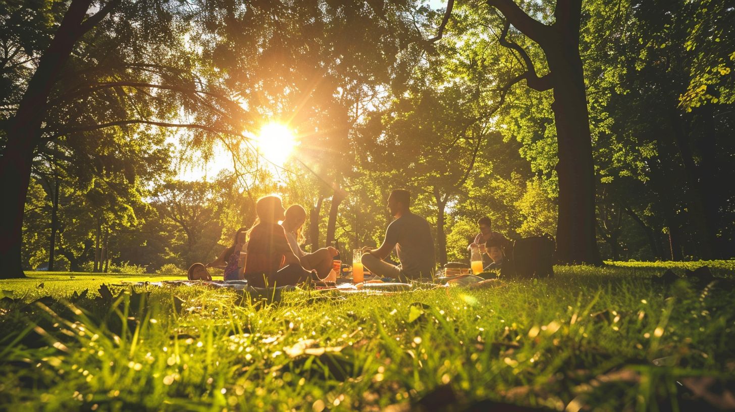 A happy family enjoying a picnic in a sunny park. A happy family enjoying a picnic in a sunny park.