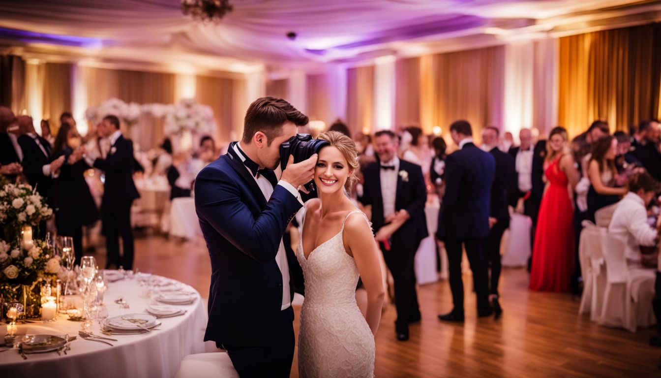 A professional photographer capturing candid moments at a wedding reception.
