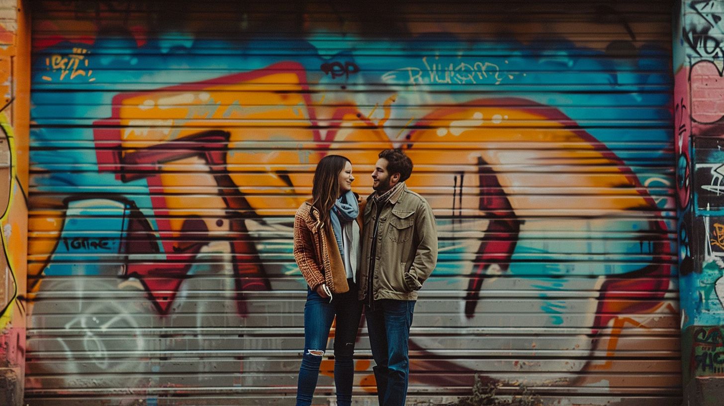 A couple is standing in front of a colorful graffiti wall on The Franklin Street. A couple is standing in front of a colorful graffiti wall on The Franklin Street.