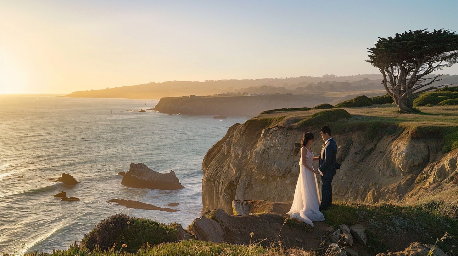 A couple exchanges vows on a scenic oceanfront cliff captured by Seascape Photography. A couple exchanges vows on a scenic oceanfront cliff captured by Seascape Photography.