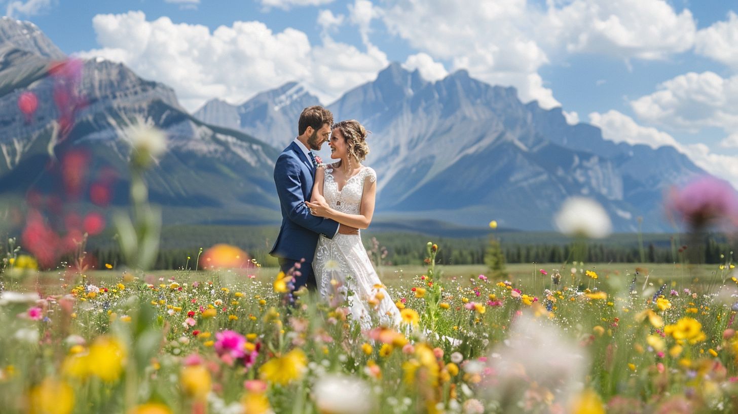 A bride and groom standing in a field of wildflowers with the Rocky Mountains in the background. A bride and groom standing in a field of wildflowers with the Rocky Mountains in the background.