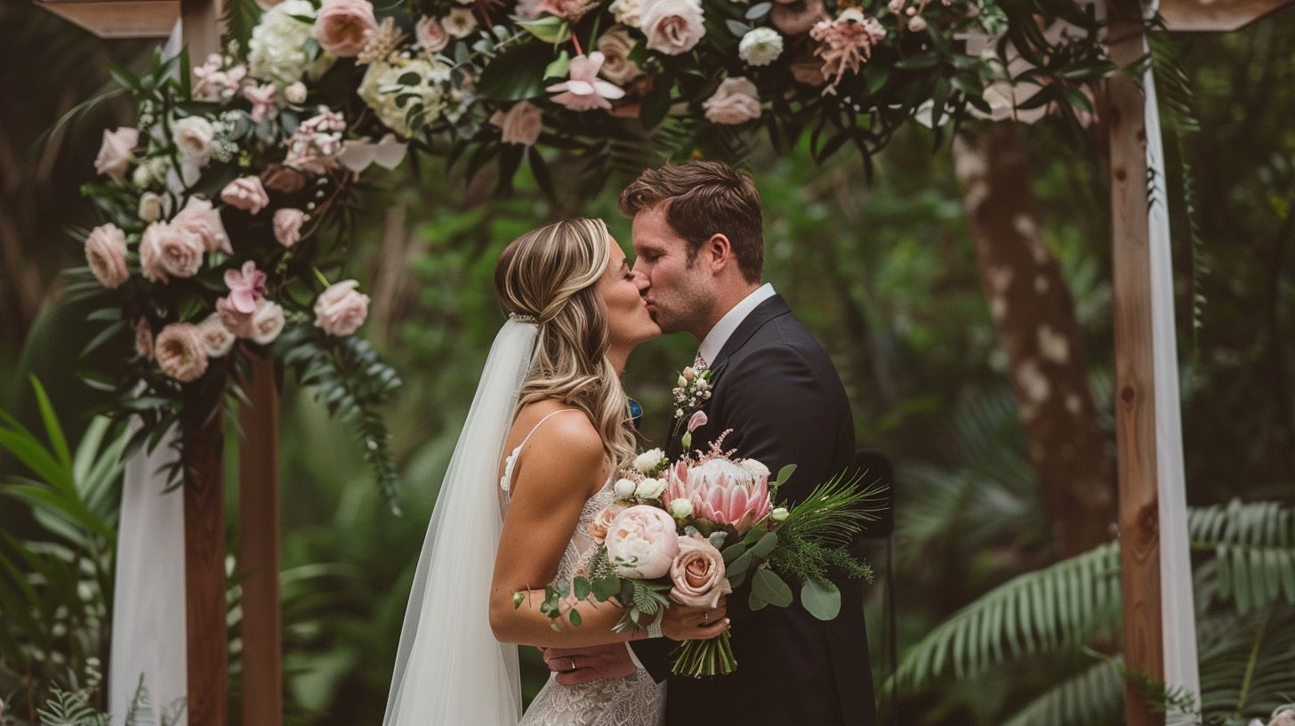 A bride and groom share a kiss under a floral arch at their wedding. A bride and groom share a kiss under a floral arch at their wedding.