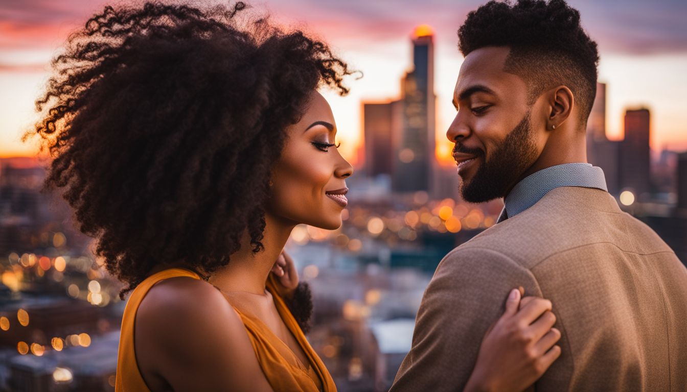 A couple embraces in front of the Denver skyline at sunset in a bustling atmosphere. A couple embraces in front of the Denver skyline at sunset in a bustling atmosphere.