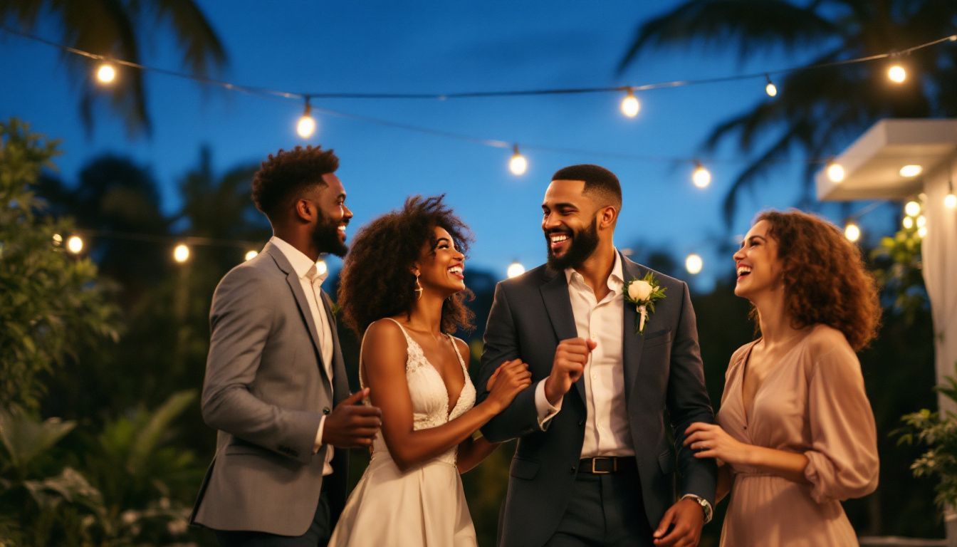 Three young couples enjoy a lively moment at an outdoor wedding in Miami. Three young couples enjoy a lively moment at an outdoor wedding in Miami.