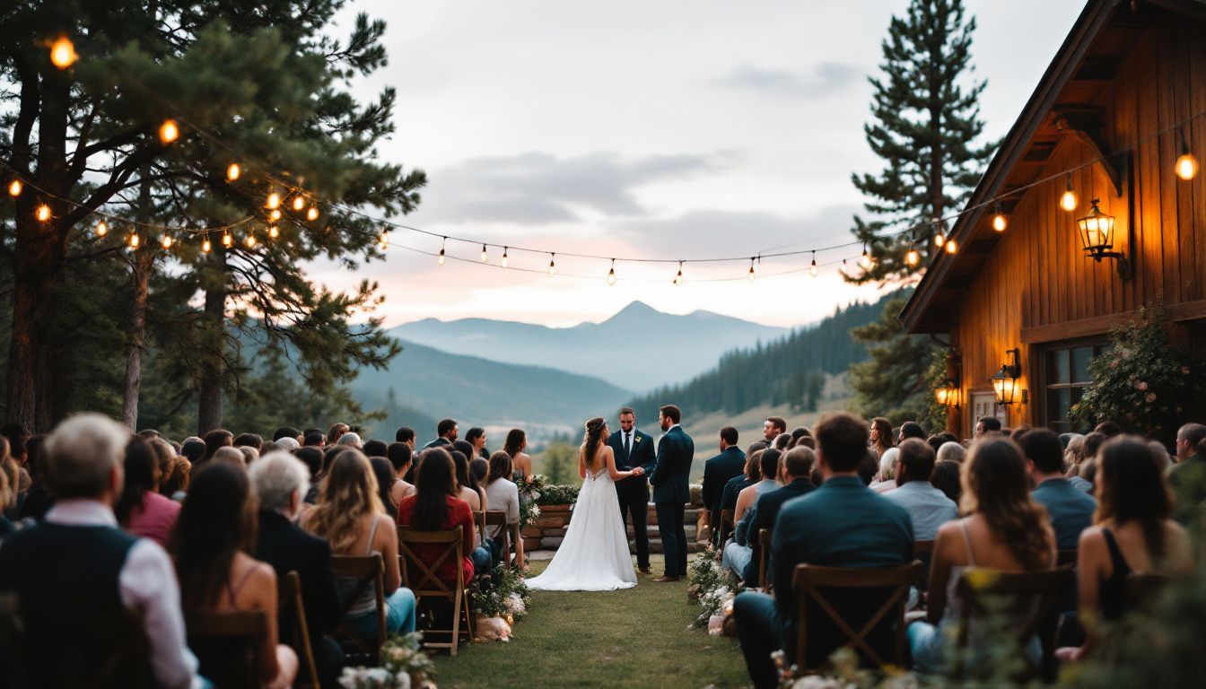 An outdoor wedding ceremony at a rustic Colorado venue with cozy seating and mountain landscape. An outdoor wedding ceremony at a rustic Colorado venue with cozy seating and mountain landscape.