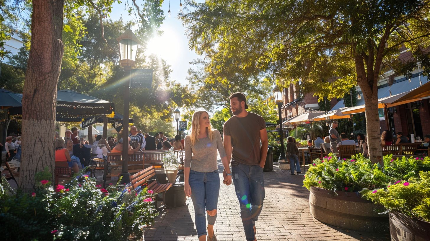 A couple strolling through Hyde Park Village captured with a wide-angle lens. A couple strolling through Hyde Park Village captured with a wide-angle lens.
