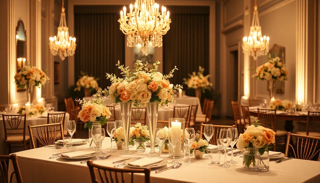 A beautifully arranged luxury wedding setup featuring elegant floral arrangements and exquisite table settings. A beautifully arranged luxury wedding setup featuring elegant floral arrangements and exquisite table settings.