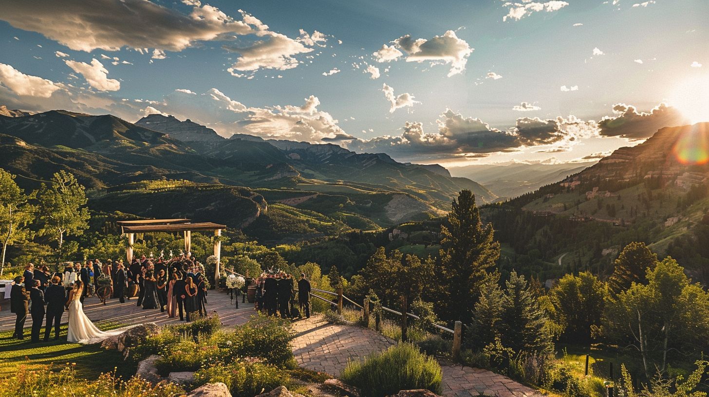 A wide-angle landscape photo of an outdoor wedding venue with a view of the Rocky Mountains. A wide-angle landscape photo of an outdoor wedding venue with a view of the Rocky Mountains.