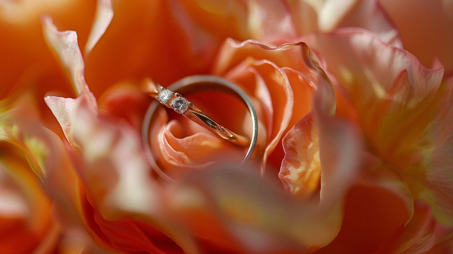 Close-up macro shot of a wedding ring surrounded by delicate flower petals. Close-up macro shot of a wedding ring surrounded by delicate flower petals.